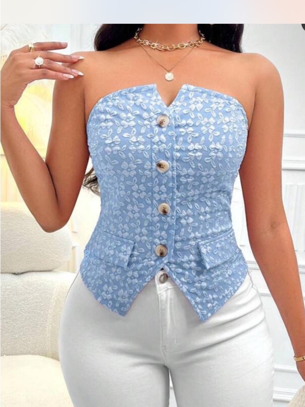 VavaBold Ladies' Floral Jacquard
Back Shirred Top